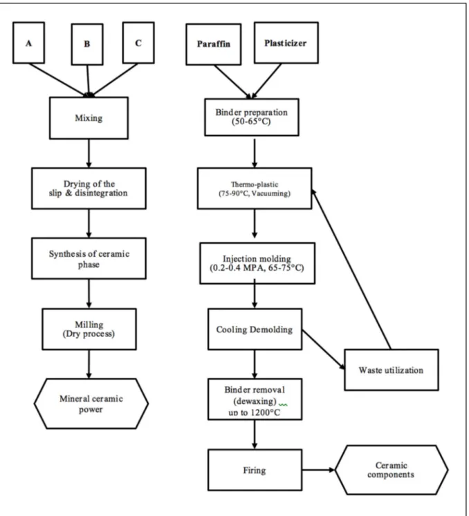 Figure 1-5 Schematics of low-pressure injection molding processing adapted from metallic  powder 