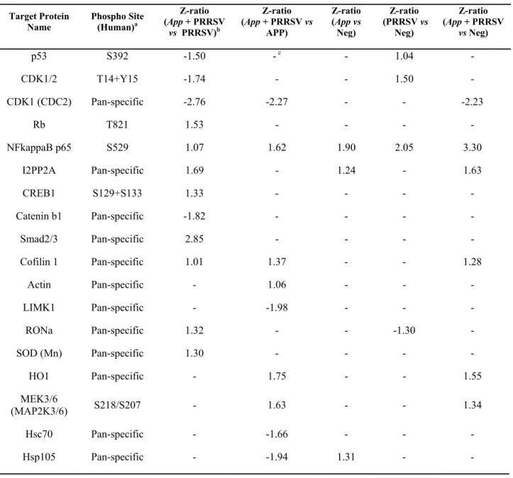 Table 1: Z-ratios of the most modulated cell proteins by PRRSV and App supernatant. 