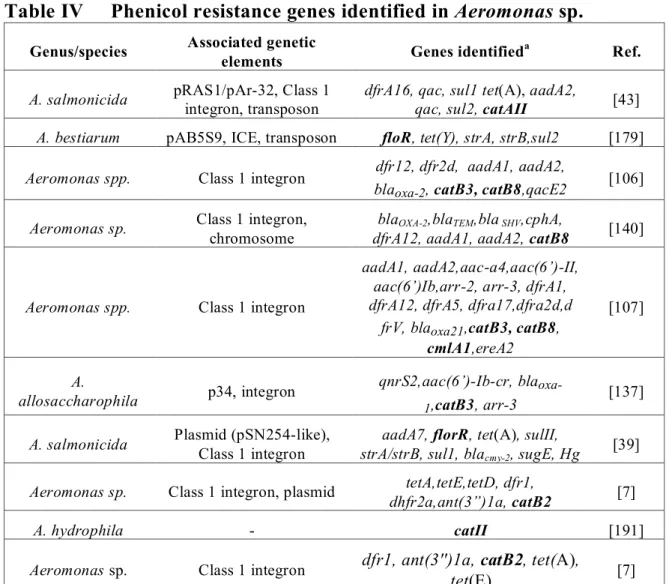 Table IV  Phenicol resistance genes identified in Aeromonas sp. 