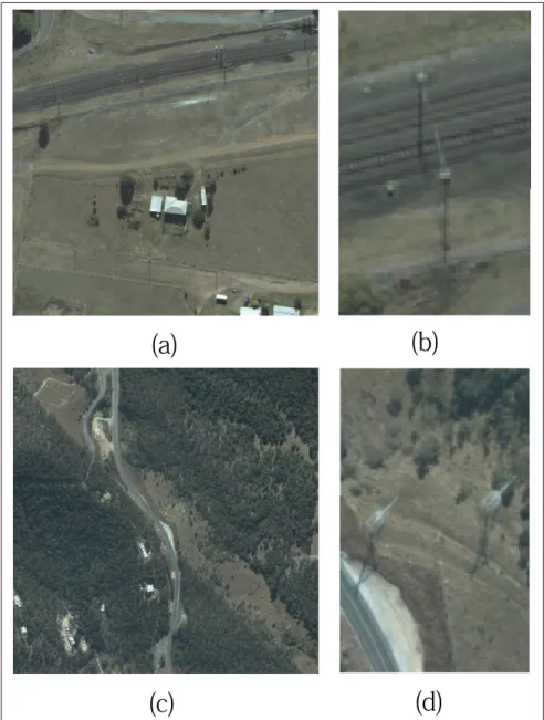 Figure 1.4 a) Rural area image with visible pole shadows around the dirt roads and rail tracks, b) Close up views of rail