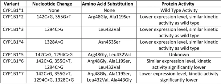 Table 6: Known polymorphisms of CYP1B1 and their effects on metabolic activity (Adapted from Aklillu,  2001, [103]) 