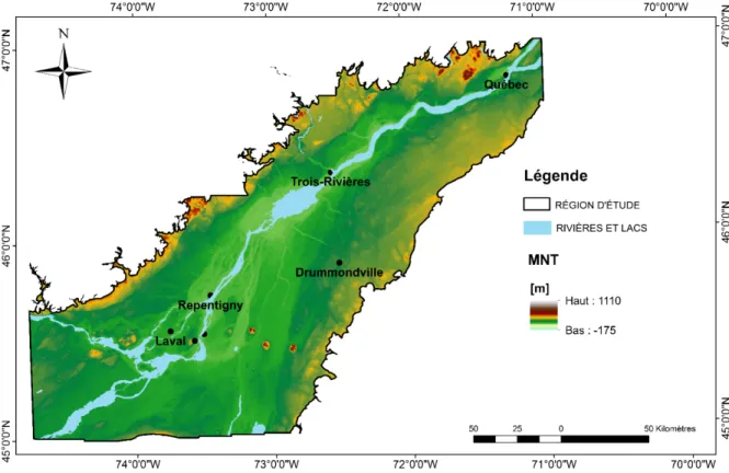Figure 0.1 Carte de la zone d’étude : Les Basses-Terres du Saint-Laurent  produites à partir des données USGS (2015) 