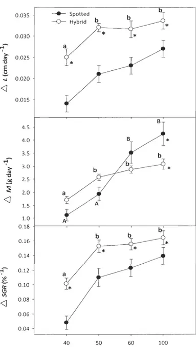 Figure  2.1.  Relationship  between  ~  length  (A),  ~  mass  (B)  and  specifie  growth  rate  (C)  relative  to  disso lved  oxygen on spotted wolffish and  the hybrid A