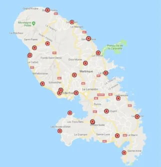 Graphique 1 : Carte de la Martinique représentant les villes domiciles des patients inclus