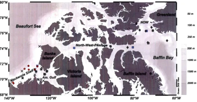 Fig.  5:  Station  map  of  this  thesis.  Symbols  represent  sites  sampled  during  different  expeditions in  the Canadian Arctic in 2008  and 2009