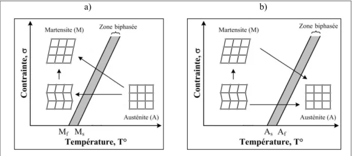 Figure 1.11  Températures de transformation selon la direction de transformation vers la  martensite (a) et vers l’austénite (b) 