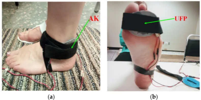 Figure 2. The device is worn on the left foot, and a strap holding the haptuator is located on the two  lower extremities where the fast mechanoreceptors (FA-I and FA-II) are more represented in order to  render VS