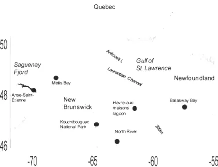 Figure  6.  Map  of the  Gulf of St.  Lawrence  showing  the  sampling sites  of the  soft-shell  clam  (Mya  arenaria)  used  in the HN transmission study 