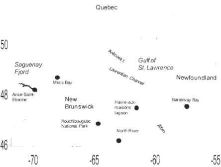 Figure  6.  Map  of the  Gulf of St.  Lawrence  showing  the  sampling  sites  of the  soft-shell  clam (Mya  arenaria)  used  in the HN transmission study 