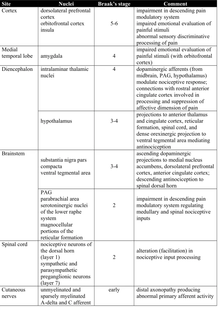 Table 2. Lewy-body pathology potentially contributing to parkinsonian pain. 