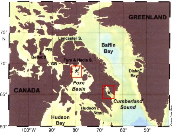 Figure  1.  Bowhead  whale  tagging  locations  in  the  eastem  Canadian  High  Arctic  (red  rectangles),  in  Foxe Basin in  2003  and Cumberland Sound in  2006