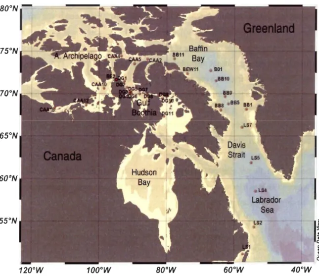 Figure  1.  Sampling  location  for  water  column  (n  =  31)  and  zooplankton  (n  =  27)  measurements conducted  in  July  2007  and  September 2009 across  the subarctic  Atlantic  Ocean and  Eastern Canadian  Arctic waters
