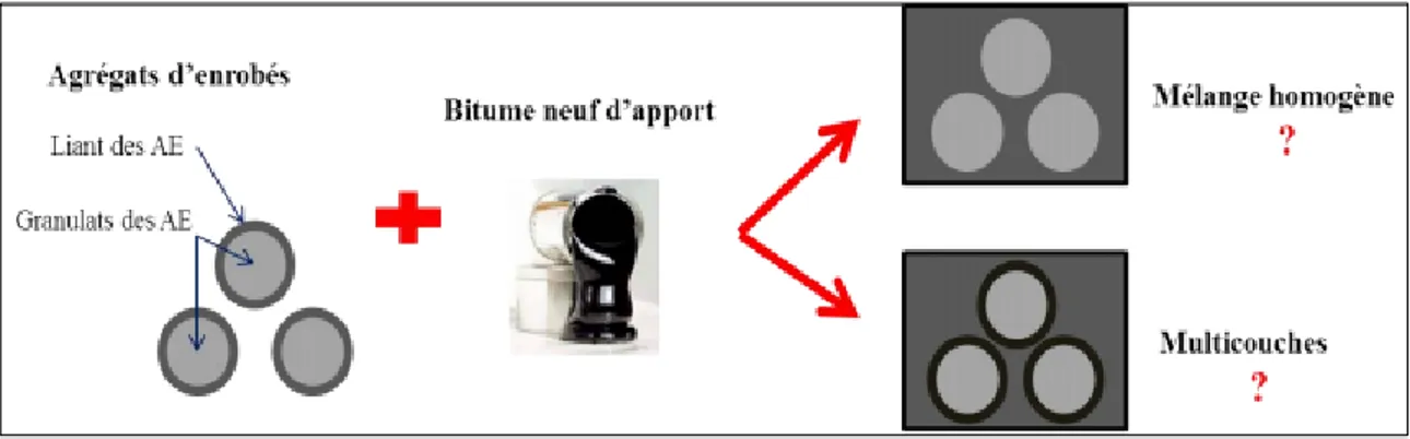Figure 1.3 Représentation du phénomène de mélange des liants d’un enrobé recyclé 