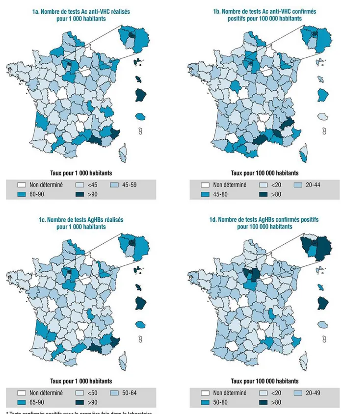 Figure n° 3:  Nombre  de tests  Ac  anti-VHC  et Ag  HBs  pour 1 000 habitants  et taux  de  positivité  pour 100 000 habitants, par département