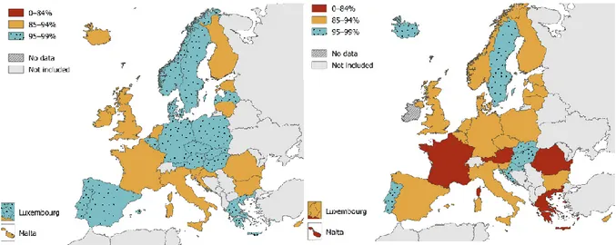 Figure 4 : Couverture vaccinale pour la première dose de ROR (à gauche) et pour la deuxième  dose de ROR (à droite), dans l’UE, 2017 (20) 