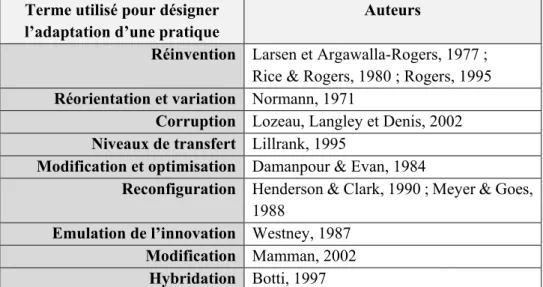 Tableau 3 – L’adaptation de pratiques, différentes appellations (Ansari et al., 2010)  Les travaux d’Ansari et al