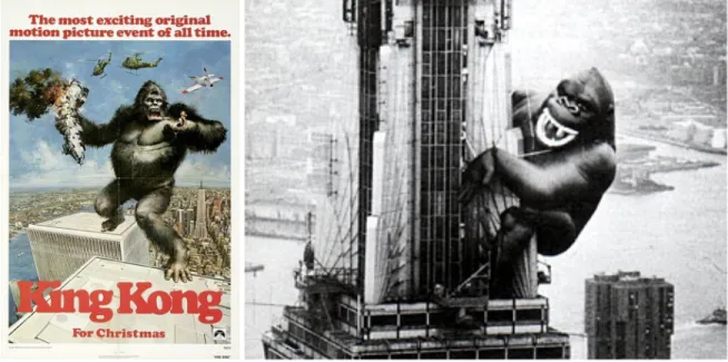 Fig. 2 (à gauche) Affiche de King Kong, 1976. (à droite) La beaudruche sur l’Empire State  Building.