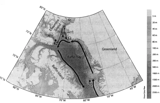Figure  1. Map  of  Baffin Bay and the  location of  the  four coring sites. The bathymetric base map  is  from Ocean  Data View