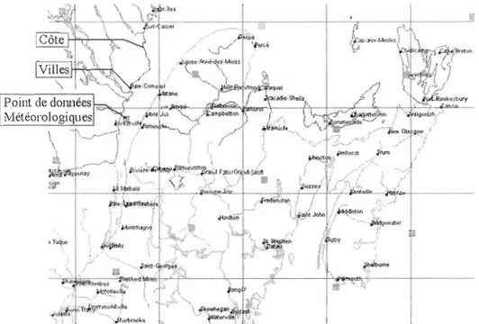 Figure 19:  Superposition des cartes de côtes, des villes et des points de données météorologiques 