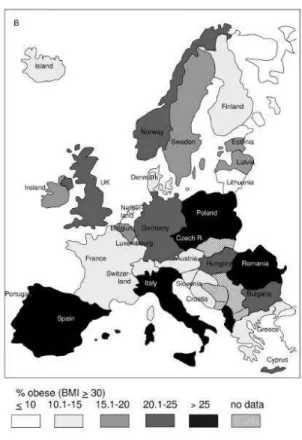 Figure 2: Prévalence de l'obésité en Europe chez la femme en 2008 (7). 