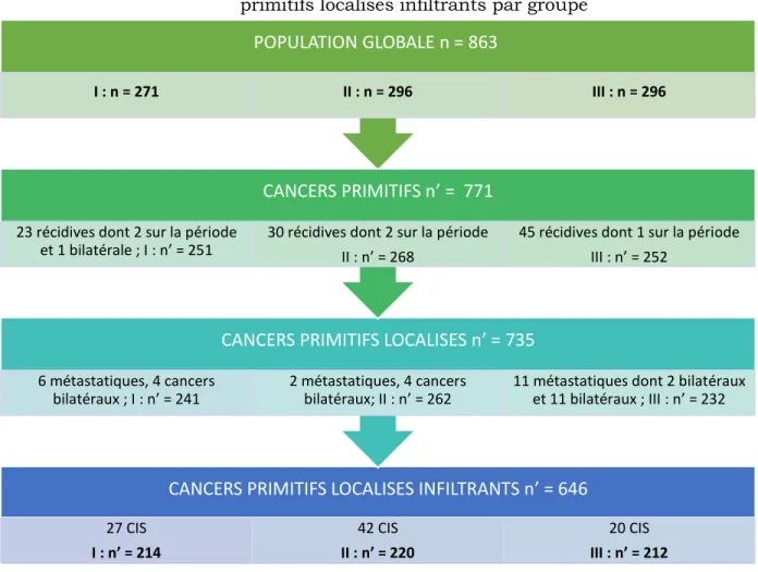 Figure 1 : Diagramme explicatif de la constitution de la population des cancers  primitifs localisés infiltrants par groupe 