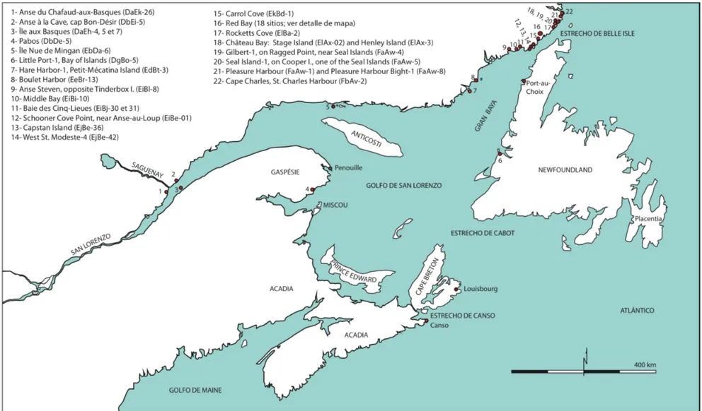 Figura 2. Mapa de sitios de pesca vasca clasificados a lo largo del Estrecho de Belle-Île y el Golfo de San Lorenzo (tomado de Loewen y Delmas (2012) 
