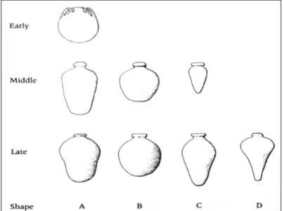 Figura  9.  Early,  Middle  y  Late  Style  de  Olive  Jars  según  John  Goggin  (1960),  la  forma  del  tipo  RB1  podría  tratarse de una modificación del tipo “Middle A” según Gusset (2007)