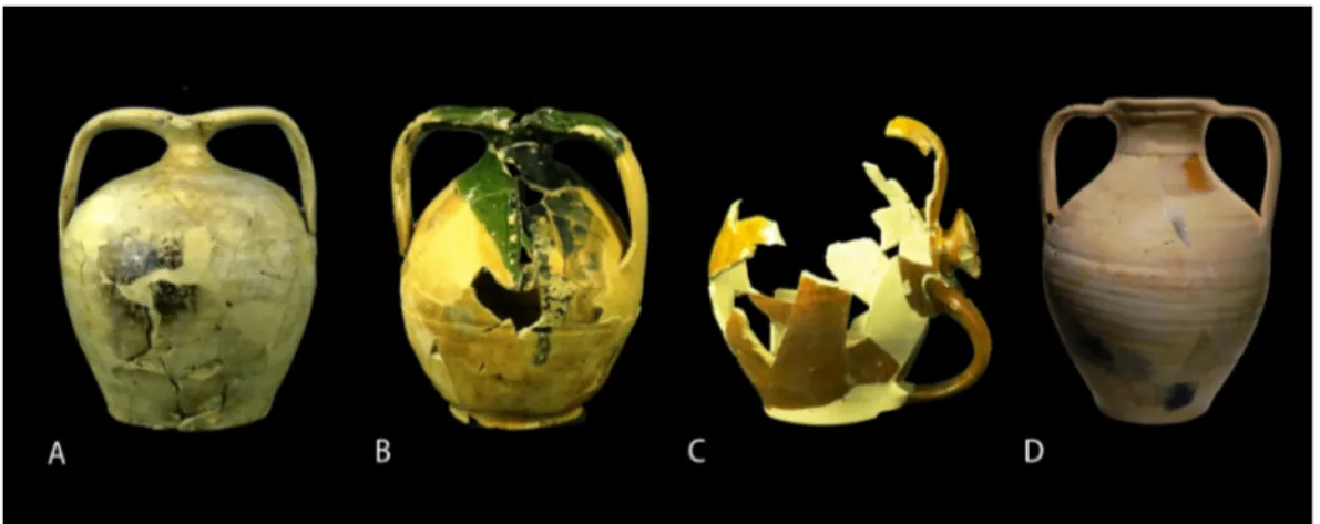 Figura 15. Variantes de RB5 según Gusset (2007), A: tipo RB5.1 sin barniz, B: tipo RB5.2 provisto de un barniz  verde  con  aplicación  parcial,  C:  tipo  RB5.3  con  barniz  amarillo  o  melado,  D:  cántaro  de  dos  asas  tipo  RB5.4  provisto de barni