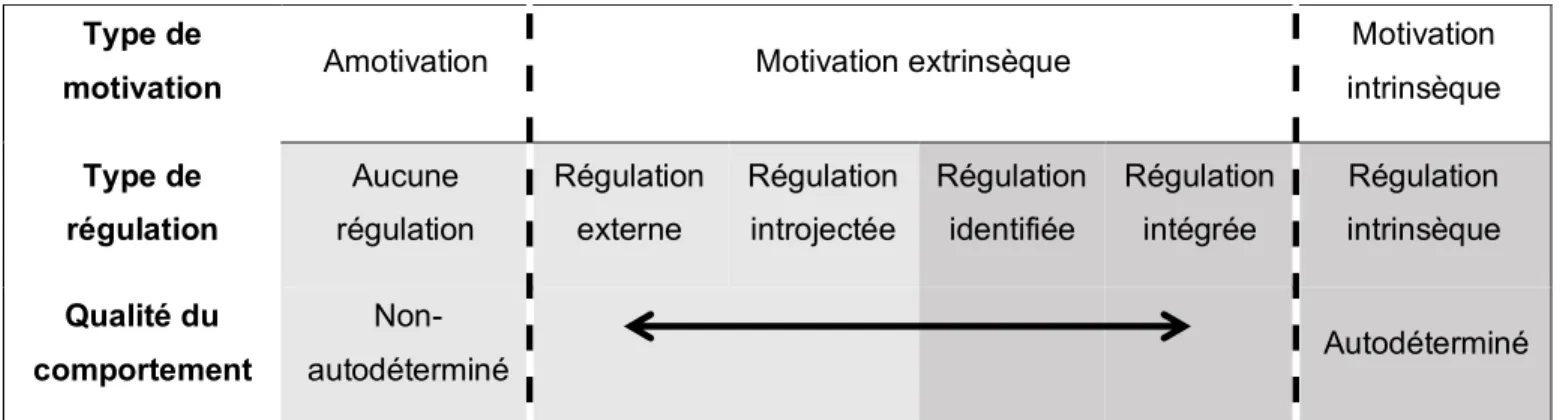 Figure 4 : Continuum d’autodétermination adapté de Deci et Ryan [21]. L’encadré  gris pâle correspond à la motivation non-autodéterminée tandis que l’encadré gris  foncé correspond à la motivation autodéterminée