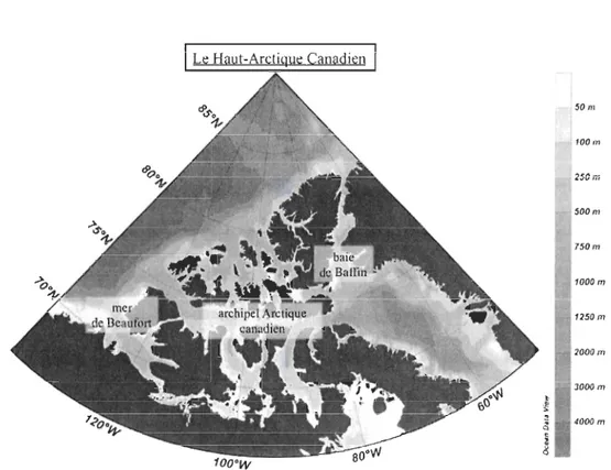 Fig. 3. Carte des différentes régions biogéographiques du  Haut-Arctique canadi en, avec  une échelle bathymétrique en mètres