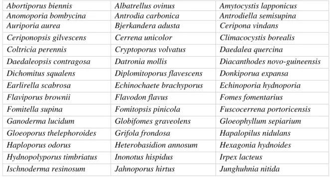 Tableau 1. Liste des espèces faisant partie de la famille des Polyporaceae selon une  classification de type cladistique (Kim et Jung 2002) 