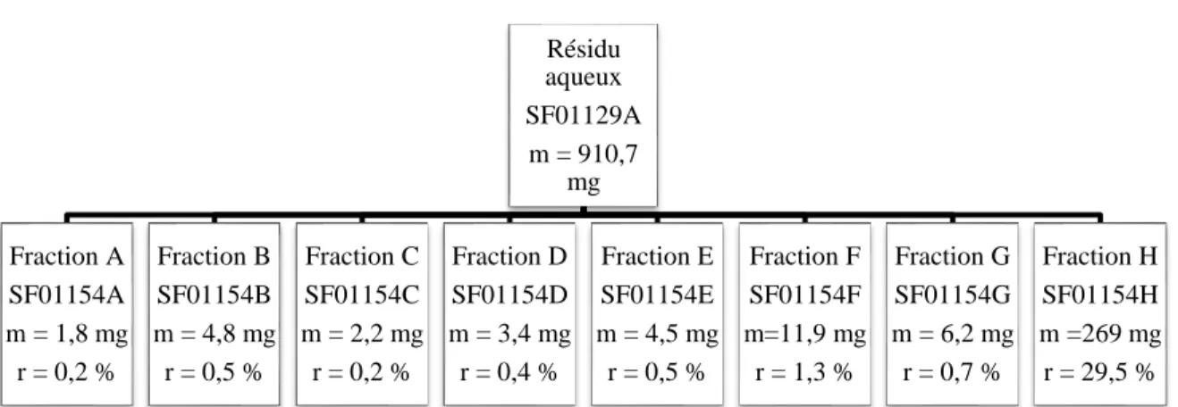 Figure 14. Schéma de fractionnement et rendements de séparation pour la colonne de silice  ouverte sur le résidu aqueux (SF01129A)