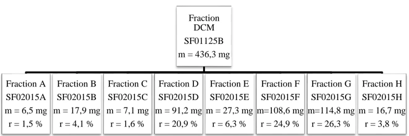 Figure 17. Schéma de fractionnement et rendements de séparation pour la colonne de silice  à basse pression sur la fraction DCM (SF01125B)