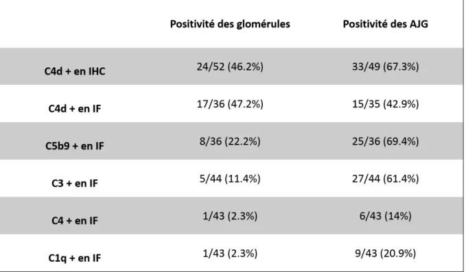 Tableau 6 : positivité des différents marquages sur les glomérules et les AJG. 