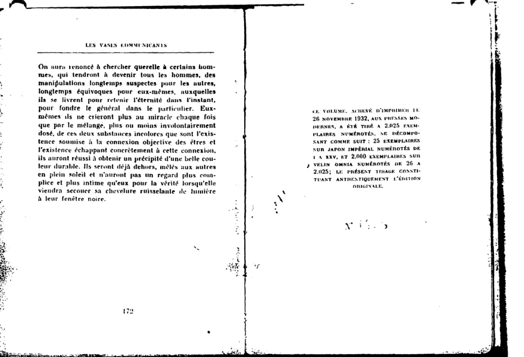 Figure 11. Justification du tirage des Vases communicants. Exemplaire numéro 1738. Bibliothèque Hugh McLennan, Université McGiII, Montréal.