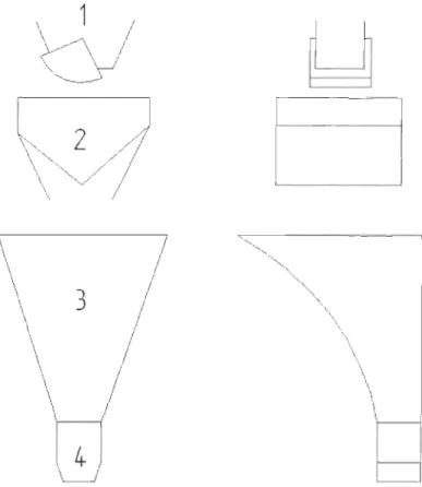 Figure 1 : Schéma d'une machine de pesage.  1 : Module d'alimentation, 2 : Balance,  3 : Chute de transition, 4 : Bouche de remplissage 