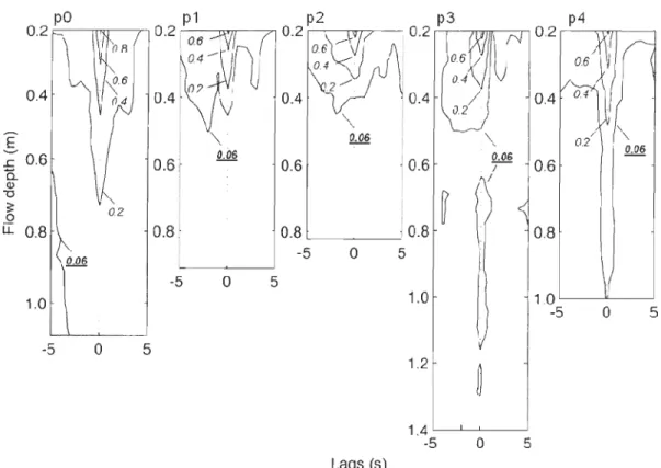 Figure  1.8:  Isolines  of cross-correlation  values  between  the  top  third  ceU  from  the  water  surface (or ice  cover)  and  every  other downward ceUs  of the  profiles