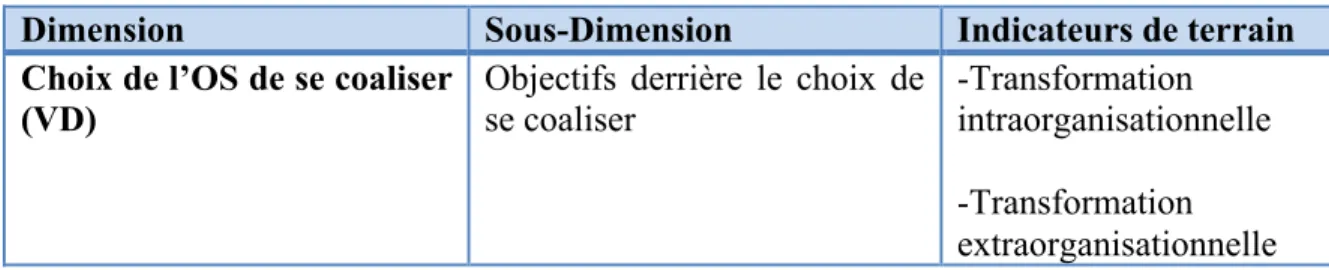 Tableau 5 : Opérationnalisation de la dimension Choix de l’OS de se coaliser (VD) 