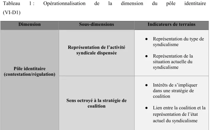 Tableau  1 :  Opérationnalisation  de  la  dimension  du  pôle  identitaire   (VI-D1)