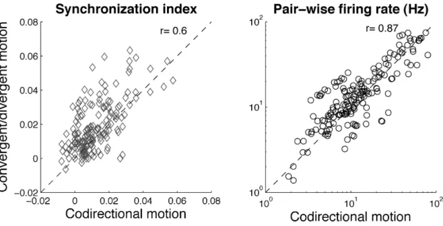 Figure 4 - Synchrony and firing rate for codirectional vs. convergent/divergent motion  patterns  