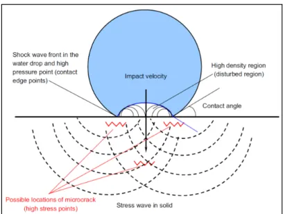Figure 1-1 The schematic of liquid-solid impact stress  and shock wave formation and possible microcrack  caused by the impact (taken from Zhou et al
