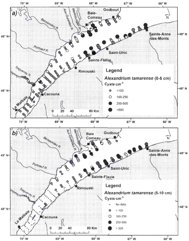 Figure  2.3.  Location  of  sampling  stations  showing  the  concentration  of  Alexandrium  tamarense  resting  cysts  (2009),  a)  in  surface  sediments  (0-5  cm),  and  b)  in  deeper  sediments (5-10 cm) of the St