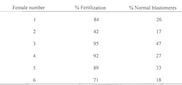 Table  3.  Percentages  of fertilization  and  normal  blastomeres  obtained  for  each  of the  six  females  used in the experiment