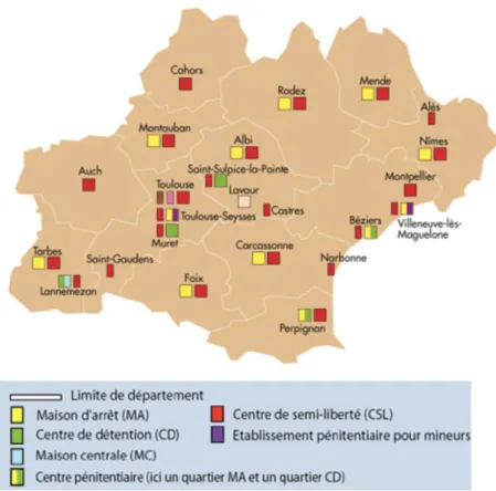 Figure 3: Établissements pénitentiaires de la direction interrégionale de Toulouse (Source : Ministère de la Justice) 