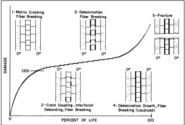 Figure 1.2 Progression d’endommagement des composites stratifiés UD  en fonction de la durée de vie 