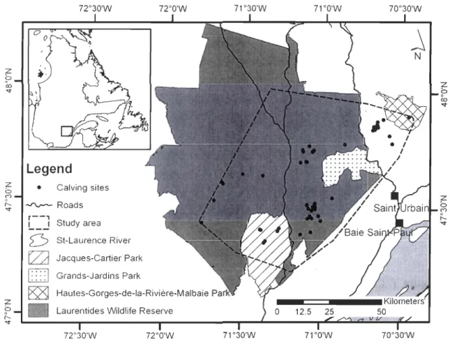Figure  1.  Location  of  the  study  area;  delimited  as  the  mmlmum  convex  polygon  inc1uding  aU  locations  of female  forest-dwelling  caribou  tracked  between  2004  and  2006  en  = 44) , Charlevoix, Québec , Canada