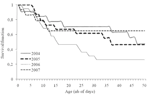 Figure  3.  Survival  function  of  forest-dwelling  caribou  calves  III  Charlevoix,  Québec, Canada, 2004 to 2007
