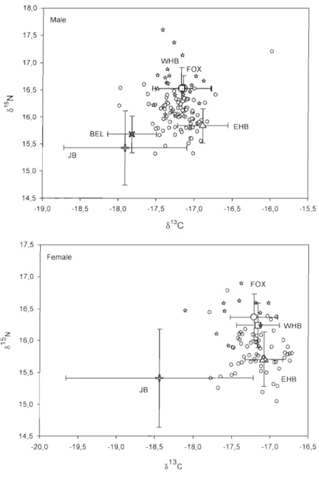 Fig ure  4.  Biplots  of mean  stab le  isotopie  ratios  of carbon  and  nitrogen  (± SD)  for  the  fa U  harvest  (so uthern  Hudson  Strait  =  Oand  northern  Hudso n  Strait  =  1:n  and  summering 