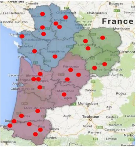 Figure 1 : Etablissements d'HAD en Nouvelle-Aquitaine (ARS, 2016) 