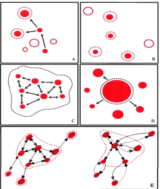 Figure 1.1:  Les différents types de configuration.  Les cercles représentent des  sites  qui  sont  occupés  quand  ils  sont  remplis
